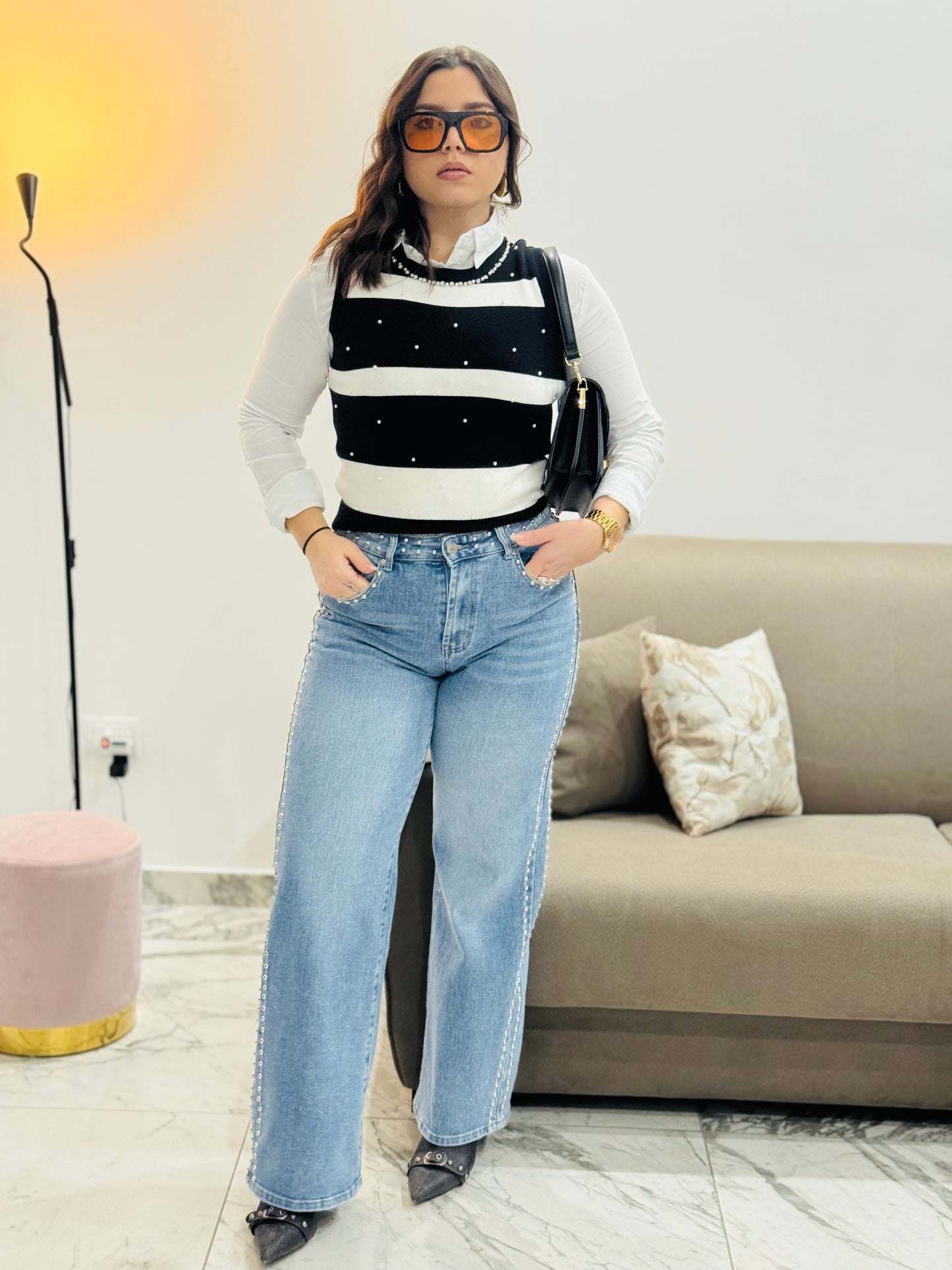 Gilet Donna a Righe con Strass – Modello Elegante