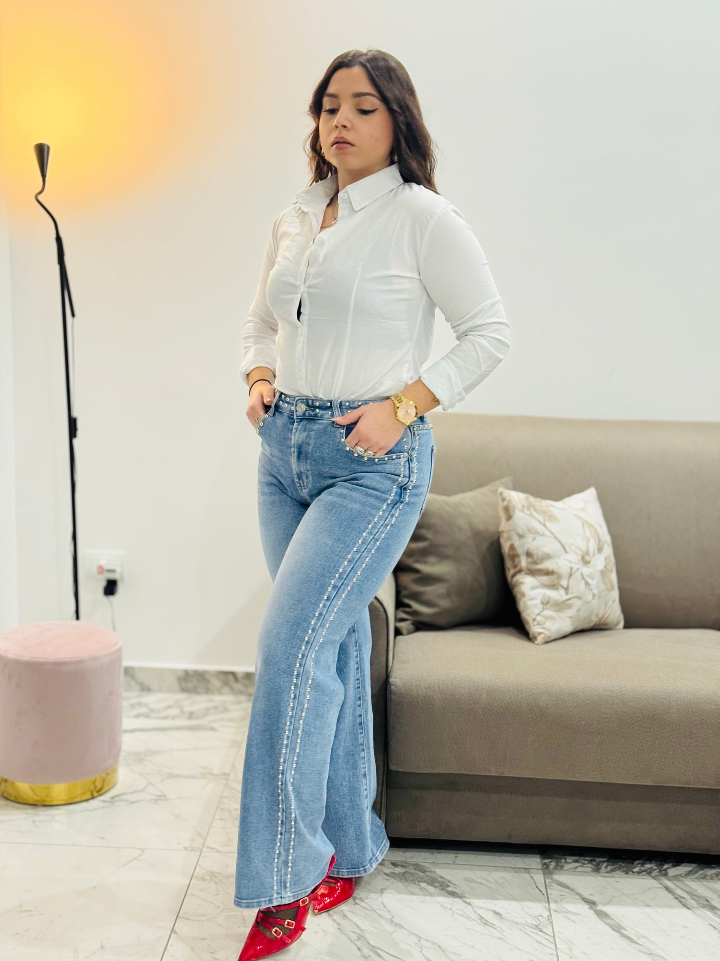 Jeans Donna Vita Alta con Strass Laterali – Denim Chiaro Slim Flare