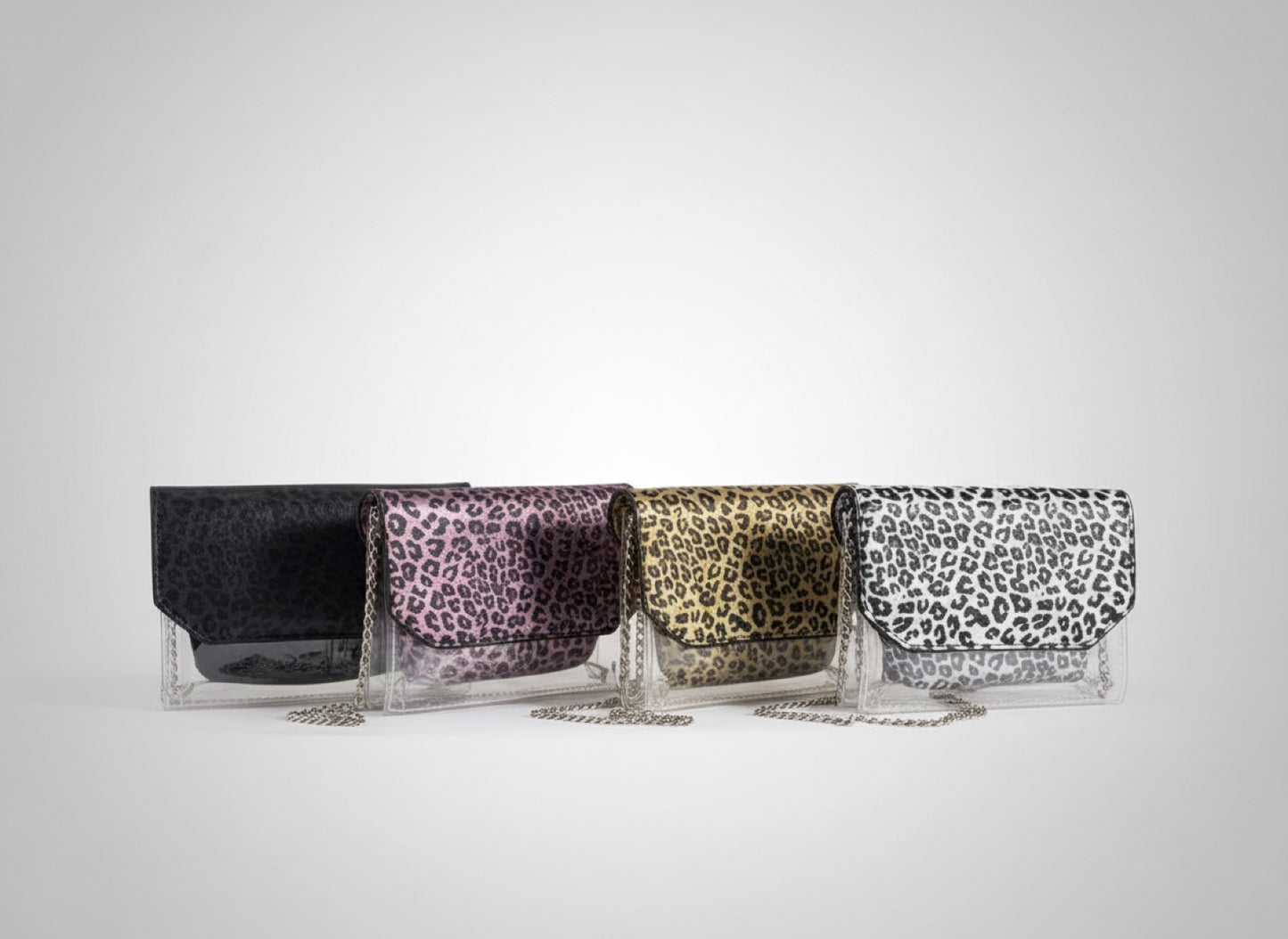 Clutch trasparente con chiusura metallica e stampa leopardata