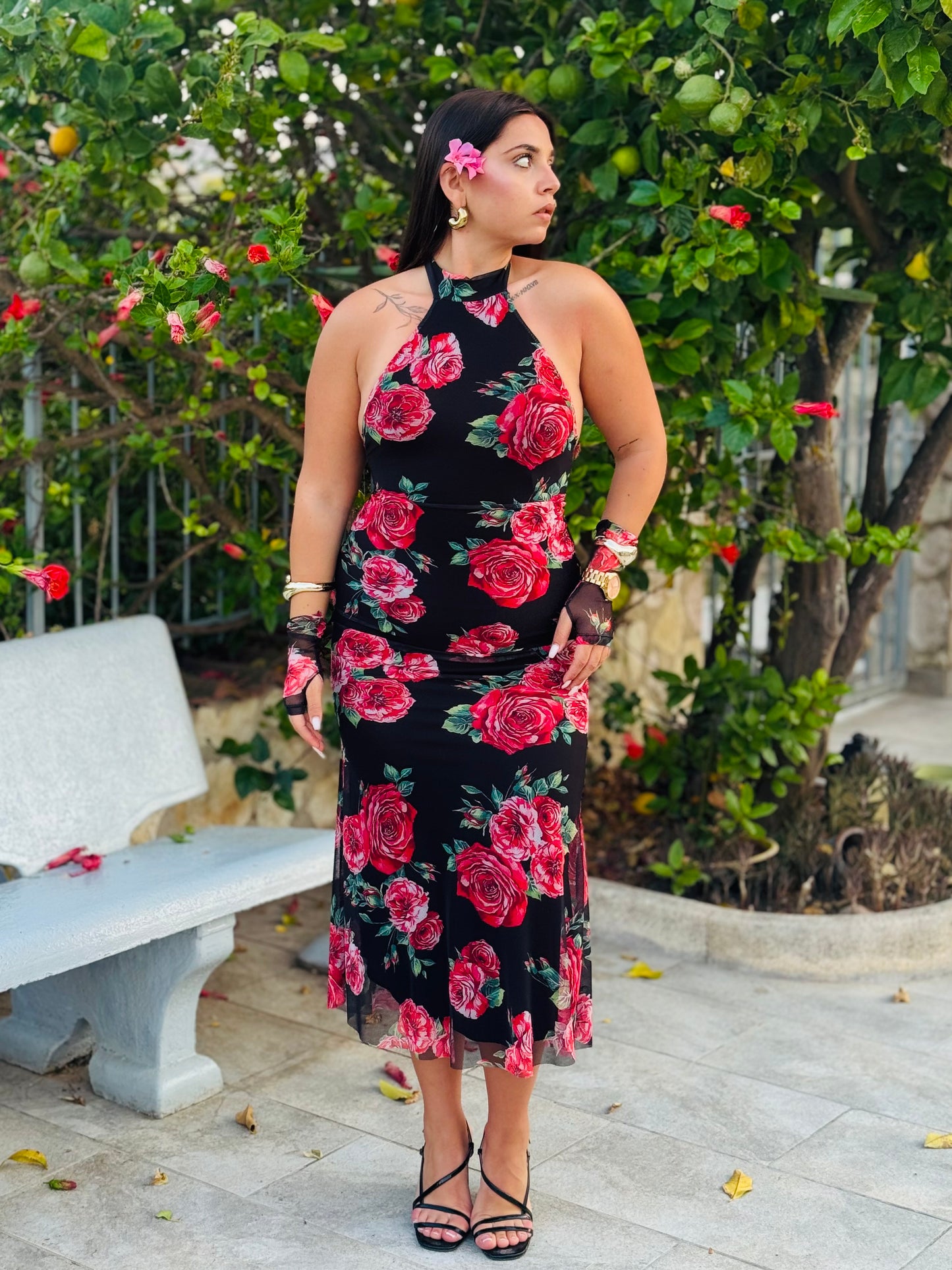 Abito Midi Floreale con Collo Halter
