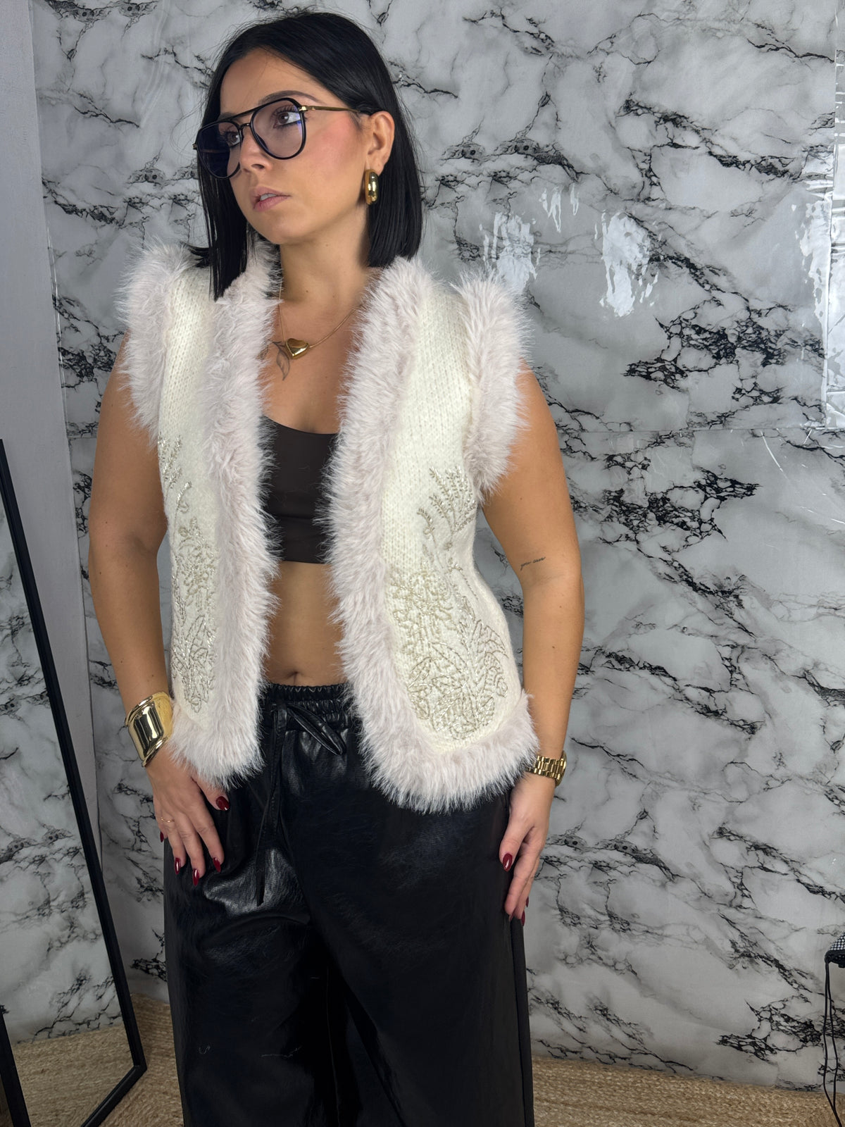 Gilet Knit con Pelliccia e Strass – Crystal Fur