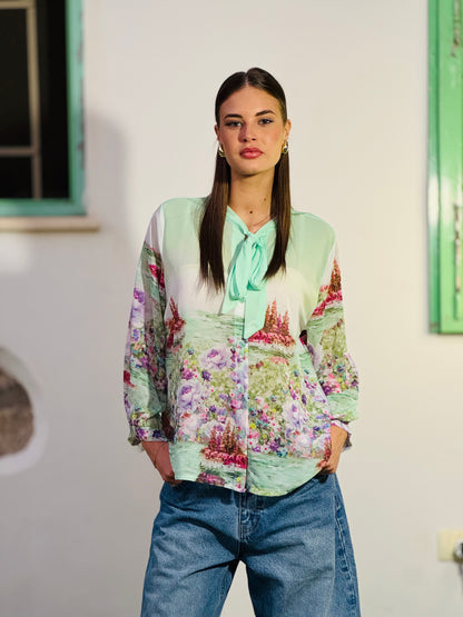 Blusa donna con fiocco e fantasia floreale
