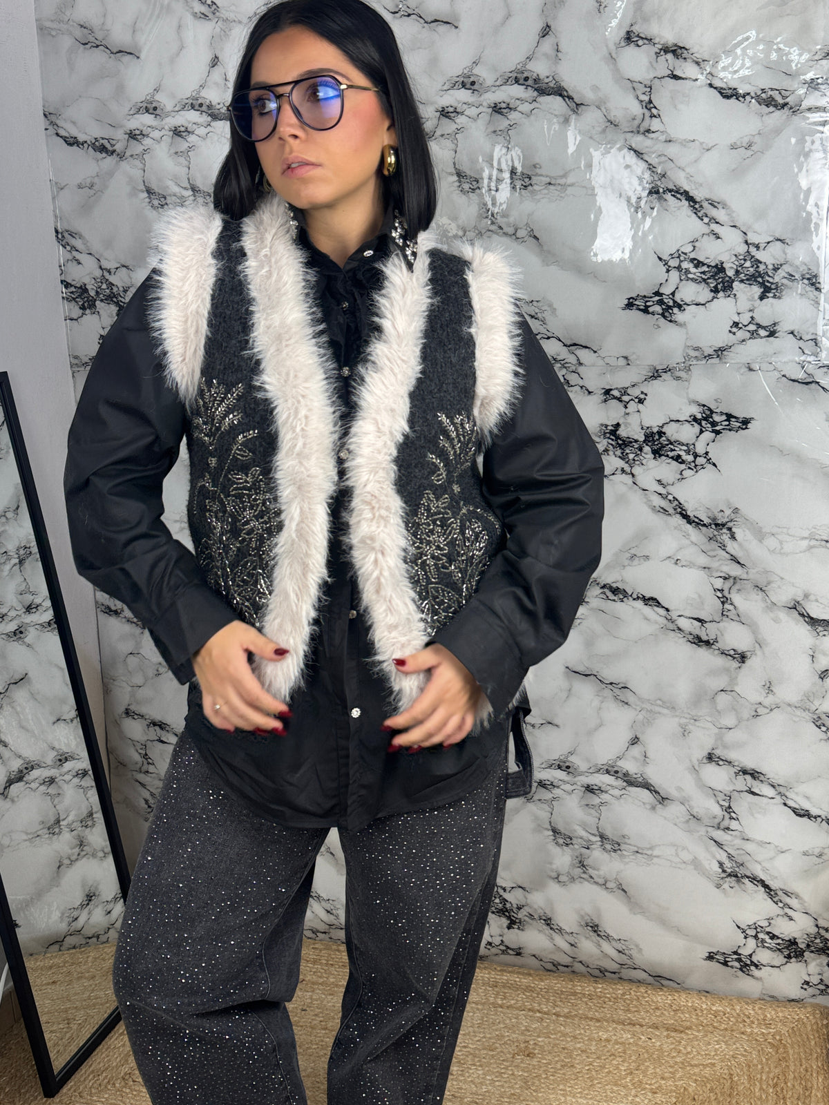 Gilet Knit con Pelliccia e Strass – Crystal Fur