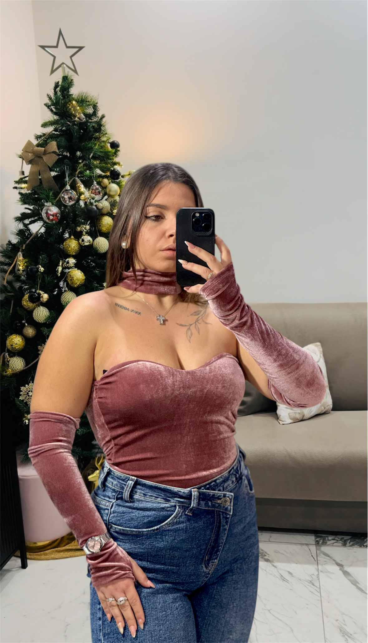 Body Effetto Velluto con Choker e Guanti Coordinati