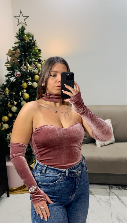 Body Effetto Velluto con Choker e Guanti Coordinati