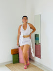 Completo Coordinato Sequins White Pearl – Set Top e Minigonna di Paillettes Bianche
