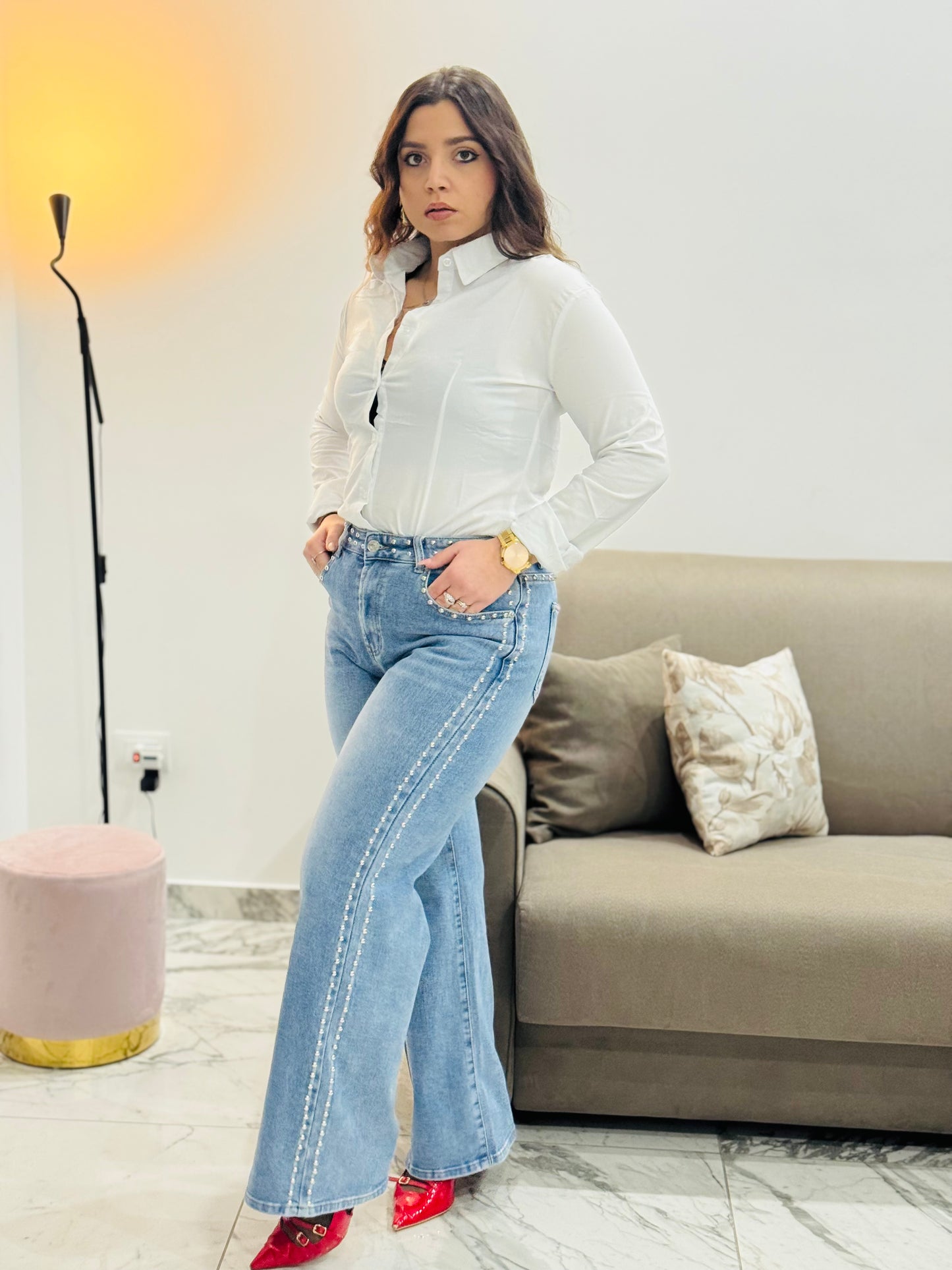 Jeans Donna Vita Alta con Strass Laterali – Denim Chiaro Slim Flare