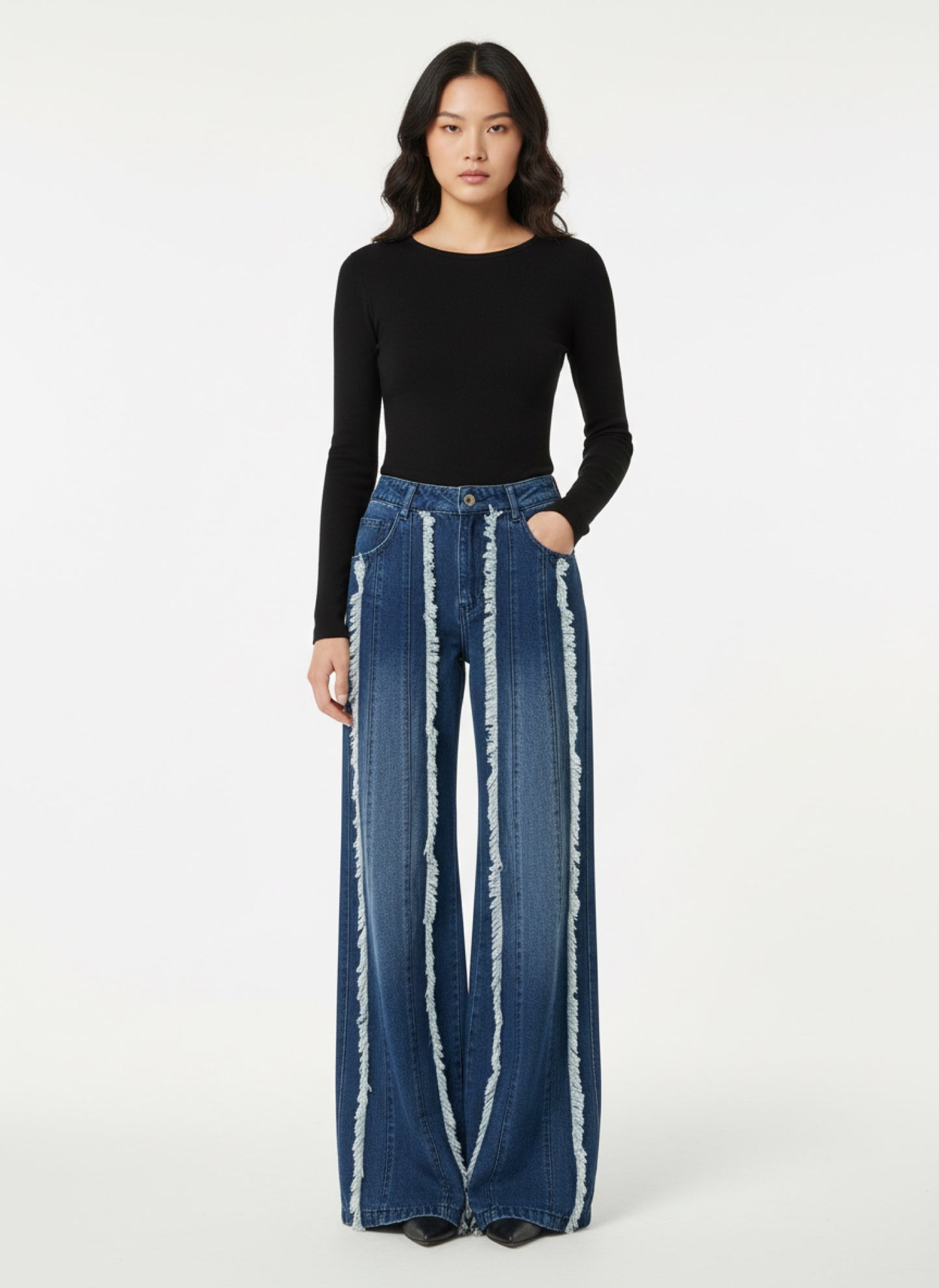 Jeans Donna Vita Alta con Cuciture a Contrasto | Gamba Ampia