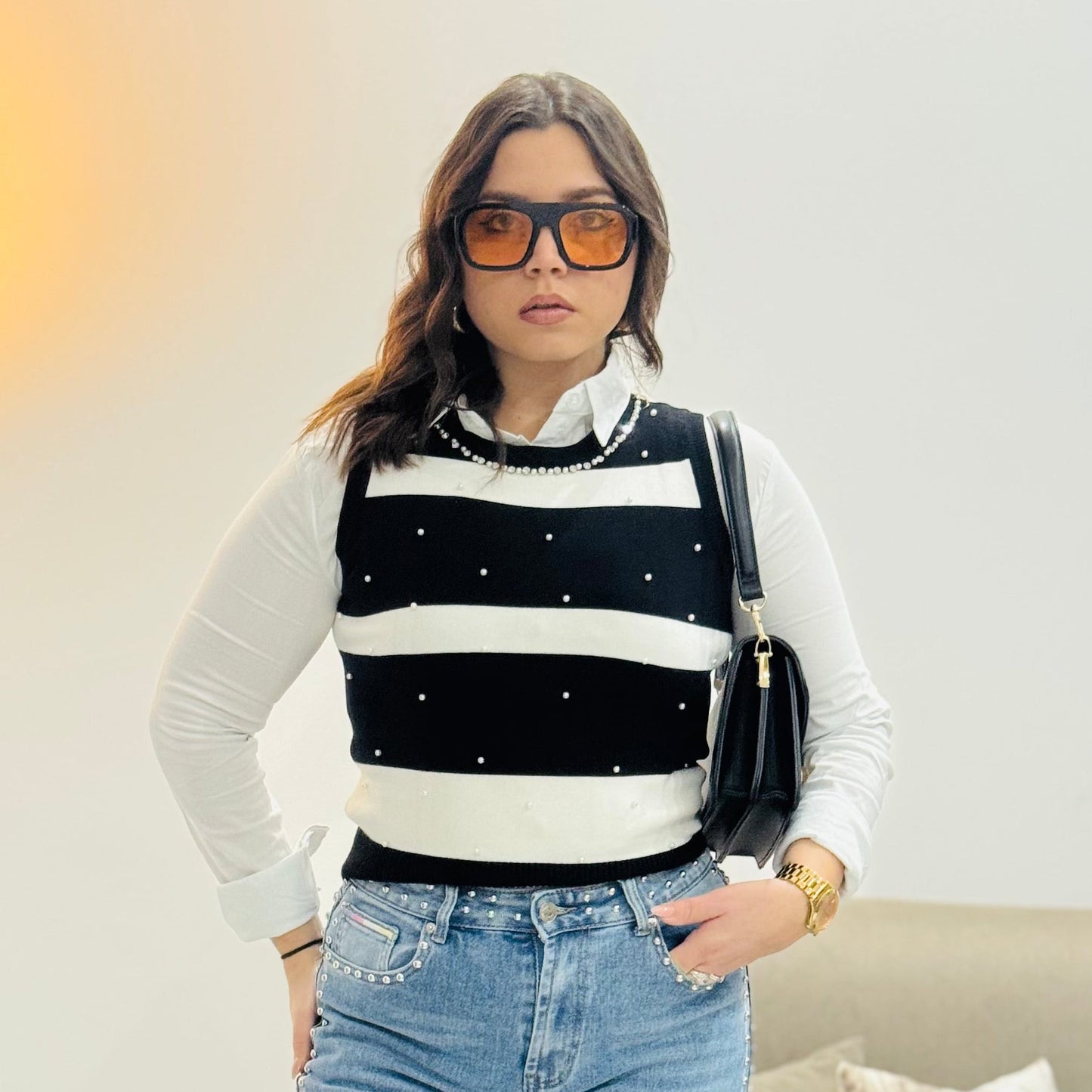 Gilet Donna a Righe con Strass – Modello Elegante