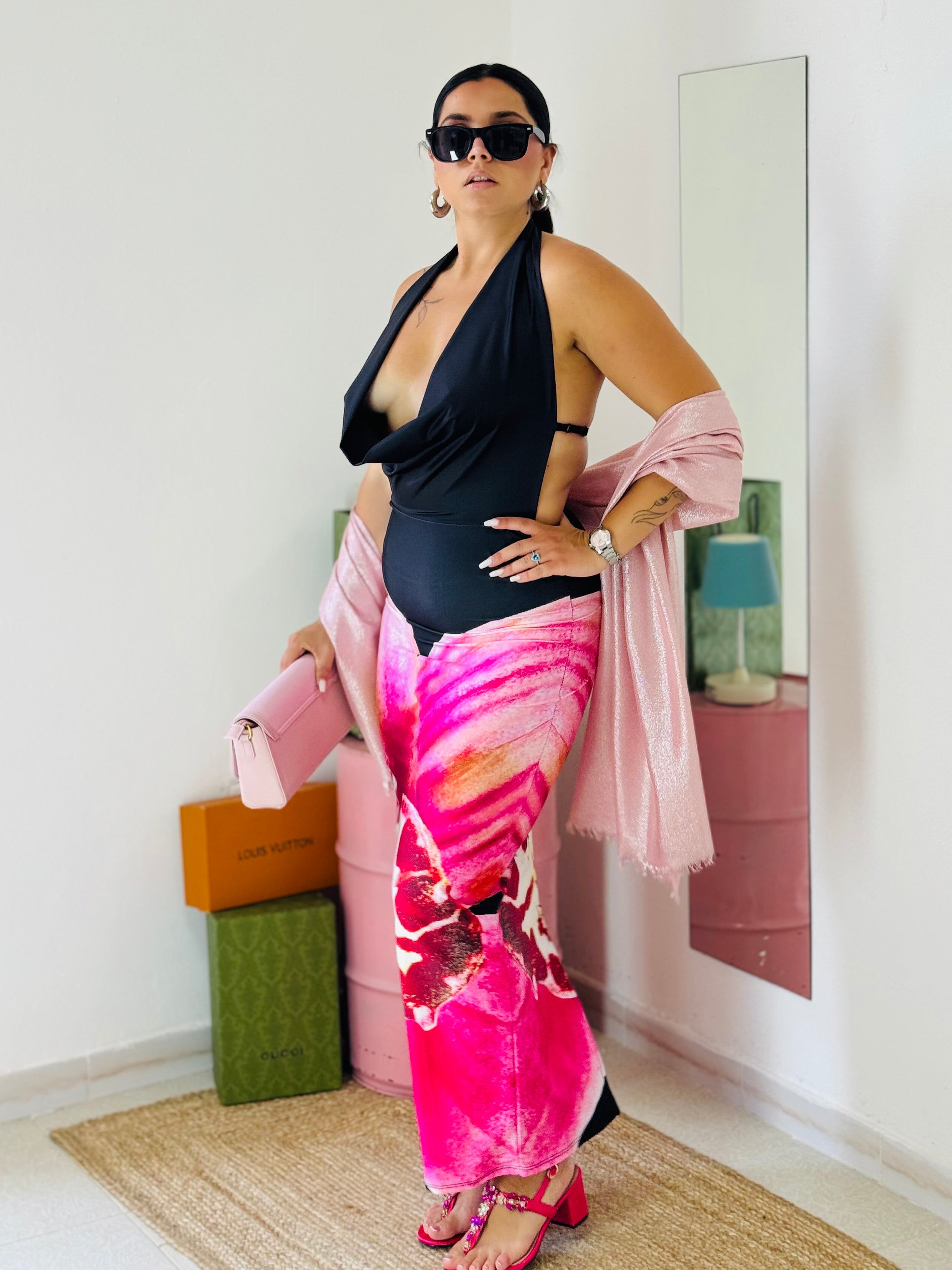 Abito Cowl con Stampa Orchidea black