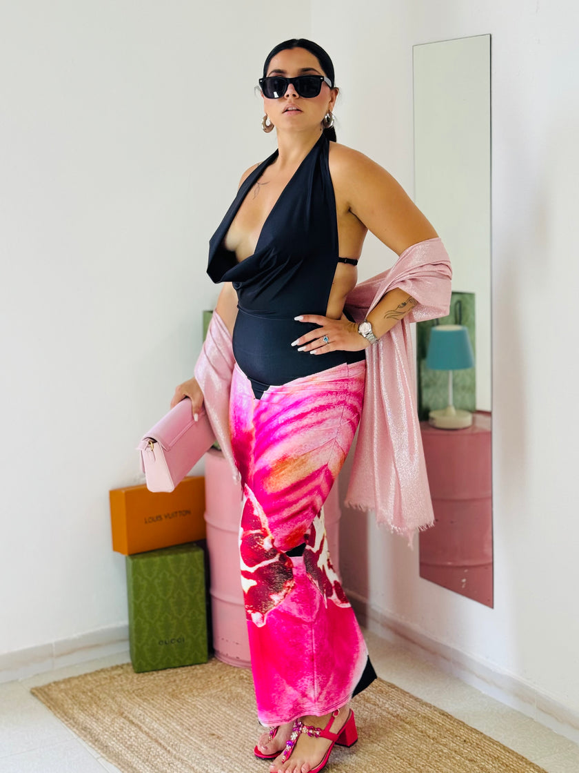 Abito Cowl con Stampa Orchidea black