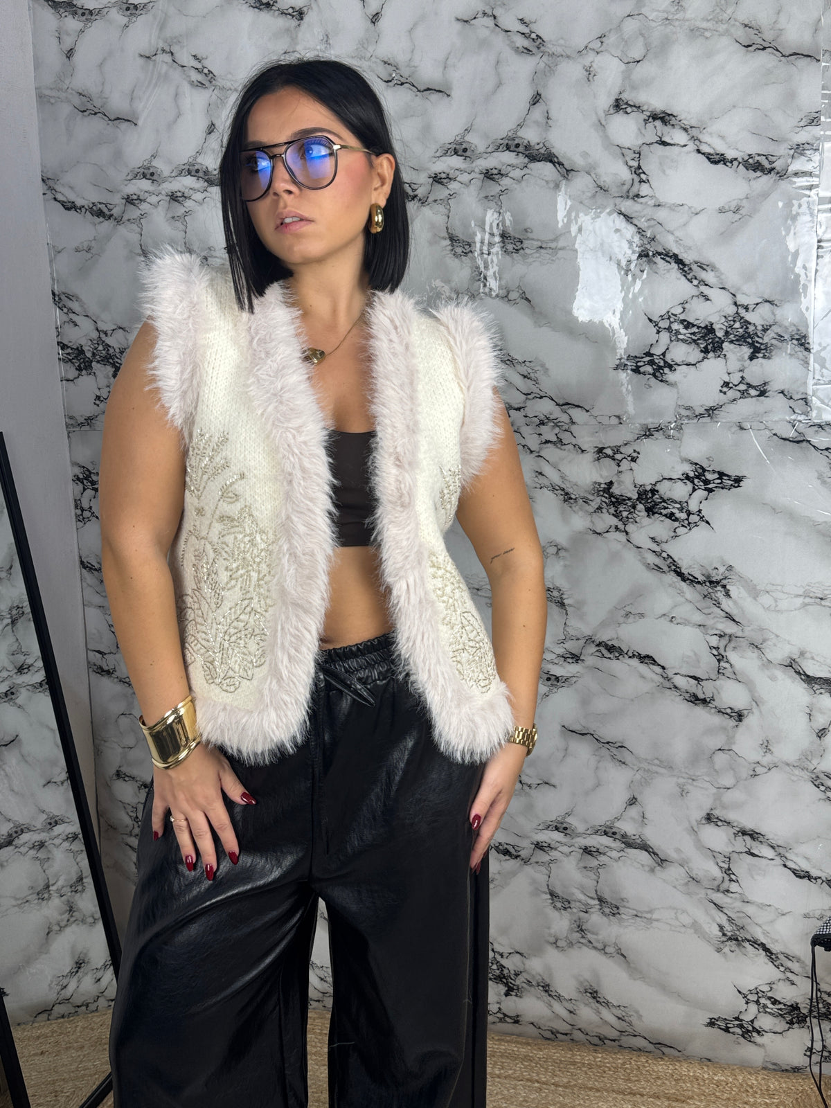 Gilet Knit con Pelliccia e Strass – Crystal Fur