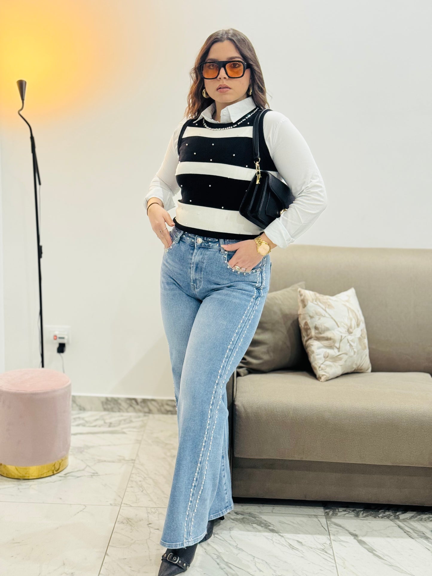 Gilet Donna a Righe con Strass – Modello Elegante