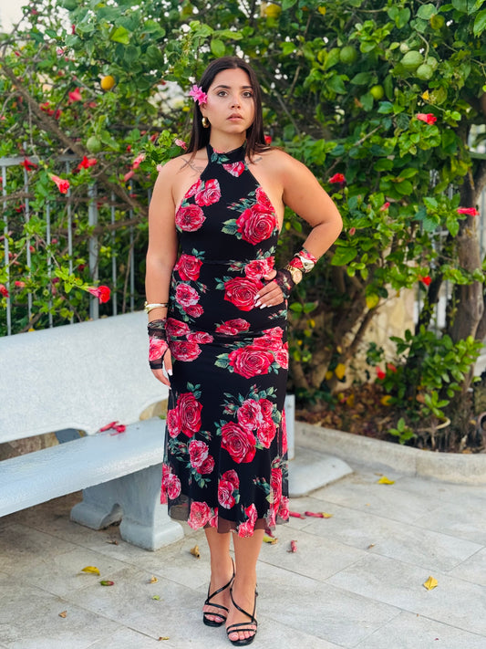 Abito Midi Floreale con Collo Halter
