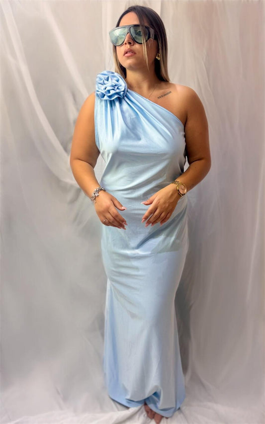 Abito Azzurro Monospalla con Fiore e Foulard — Linea Curvy