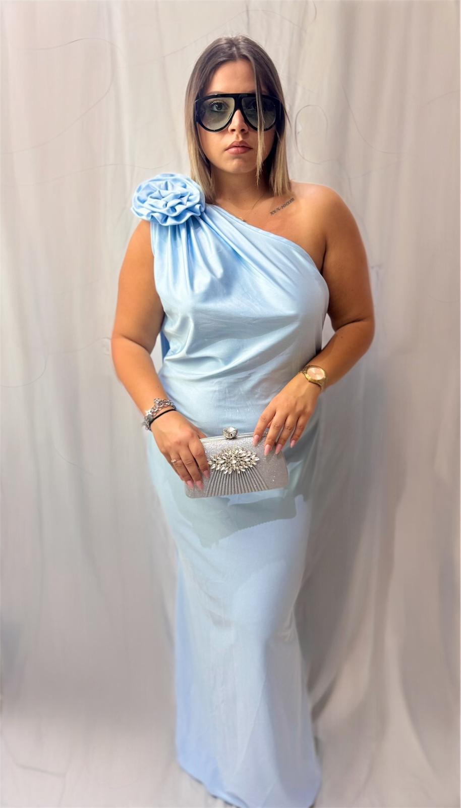 Abito Azzurro Monospalla con Fiore e Foulard — Linea Curvy
