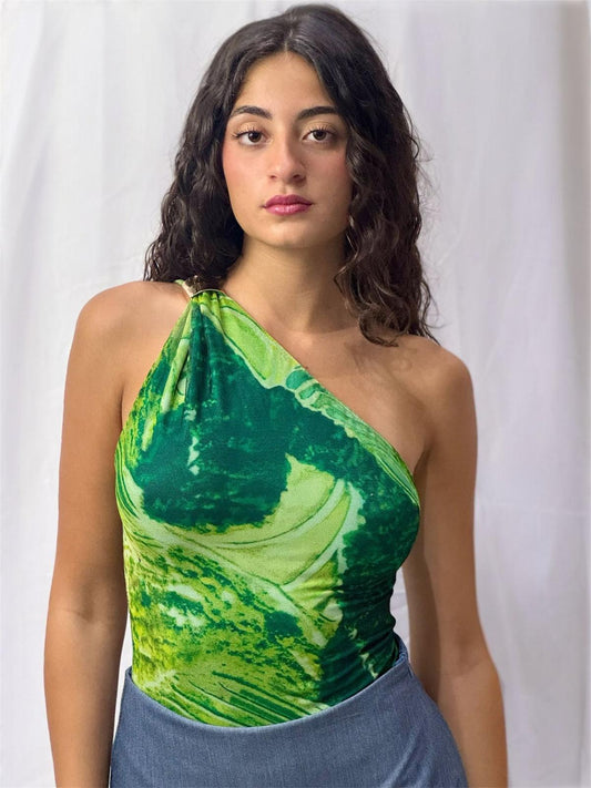 Emerald Wave — Body Monospalla Marmorizzato con Dettaglio Oro