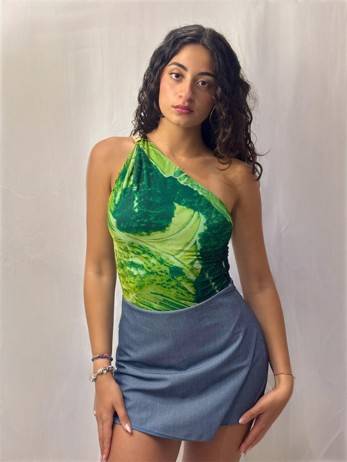 Emerald Wave — Body Monospalla Marmorizzato con Dettaglio Oro